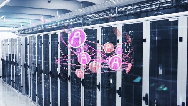 Data center racks sending data and initiating network sphere with nodes rotating, pulsing