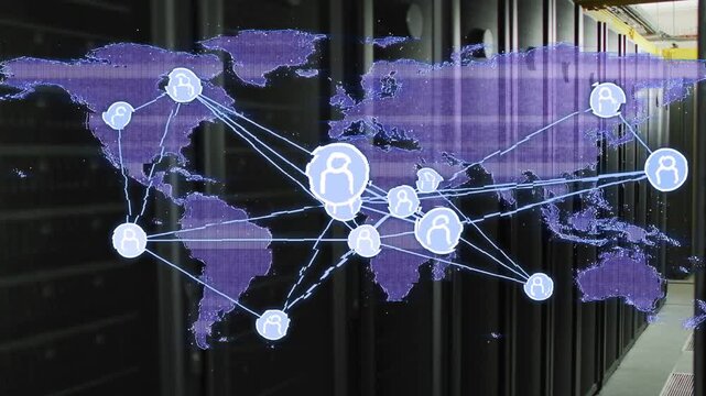 Dotted map appearing causing translucent overlay linking nodes, pulsing links over racks for IT ops