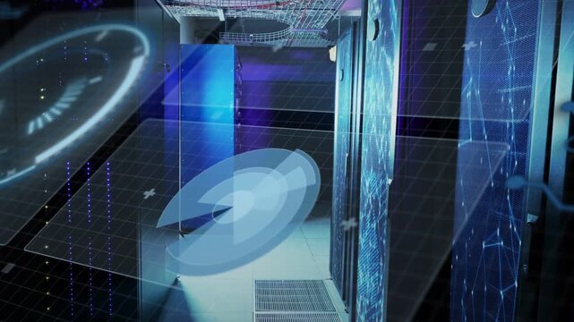 Server system initiating boot sequence, holographic disc rotating and projecting code near vents