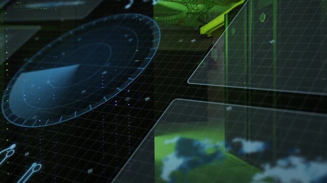 tech HUD initializing, radar sweeping clockwise while map panels sliding revealing racks to monitor