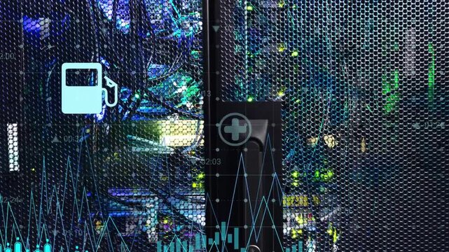 Rack handle showing incoming data, teal graphs, icons cycling for data center monitoring