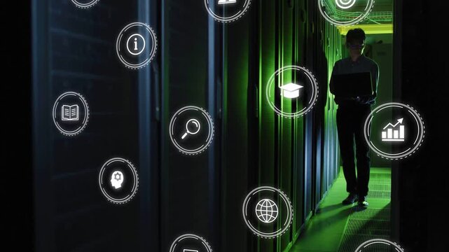Male tech walking rack aisle opening laptop  and  monitoring servers as data icons floating around h