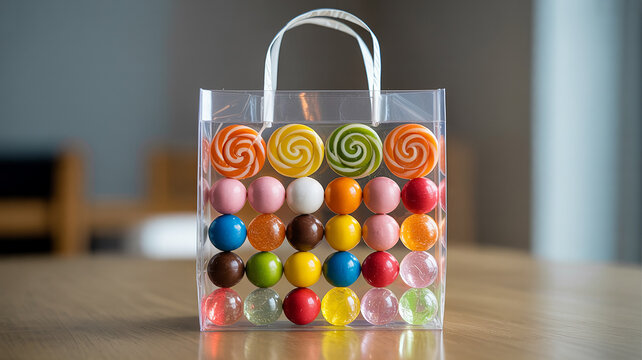Clear plastic bag filled with colorful candies and lollipops arranged in rows candy sweets