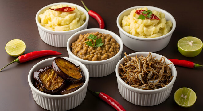 Assorted Bengali Bhorta Dishes and Fried Small Fish Platter