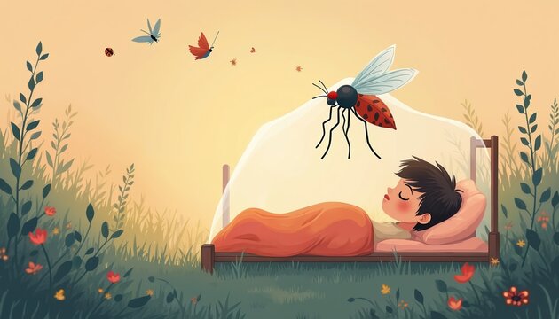 Child slepic in bed with mosquito net. Insect flies nearby. Outdoors setting with grass and flowers. Safety and protection from bugs at night.