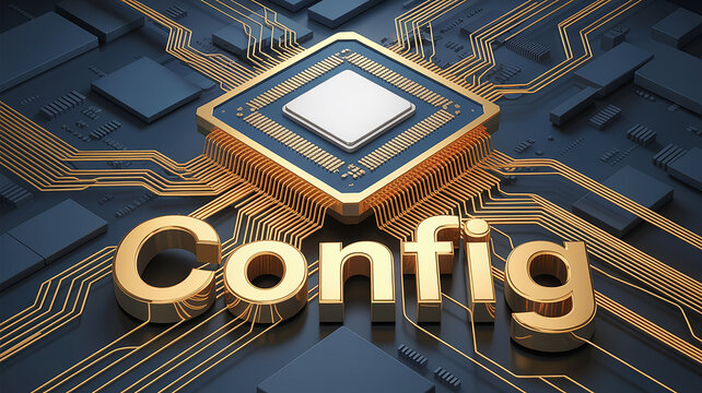 Golden computer processor chip with intricate circuitry and the word Config technology electronic