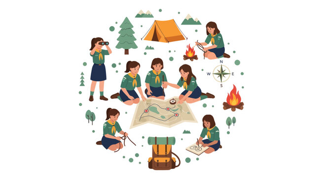 Girl scouts character set engaged in various camping and outdoor adventure activities.