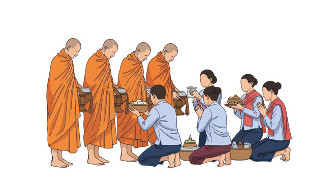 Illustration of Buddhist monks receiving food offerings from people for merit making on white