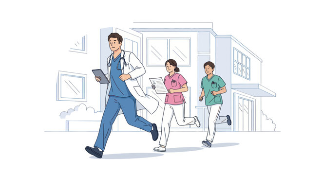 Medical team of doctors and nurses running to an emergency in front of a hospital building