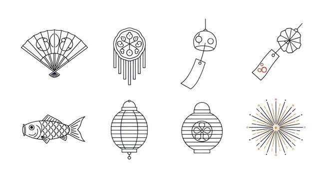 Japanese summer festival line art icons collection