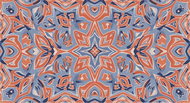 Abstract seamless pattern with geometric kaleidoscope design in blue and orange