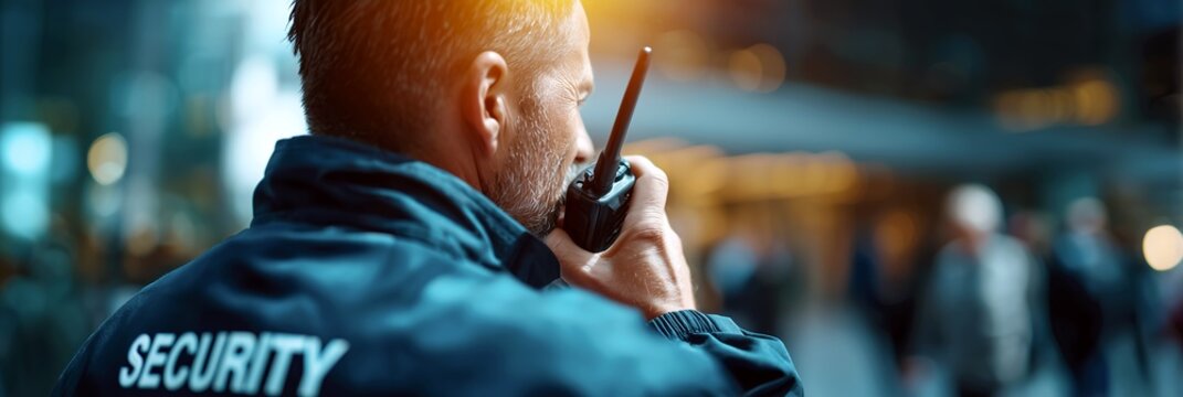 Security guard standing in sunlit office lobby with radio