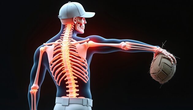 Skeletal view of baseball pitcher arm and spine. Glowing red areas highlight potential pain points in shoulder, elbow, and wrist joints during game play.