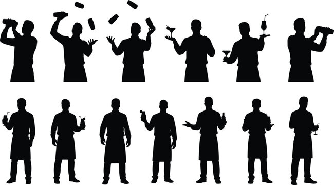 Bartender silhouettes collection, cocktail making and serving poses set, bar staff figures illustration, drink preparation lifestyle bundle, isolated black human silhouettes pack