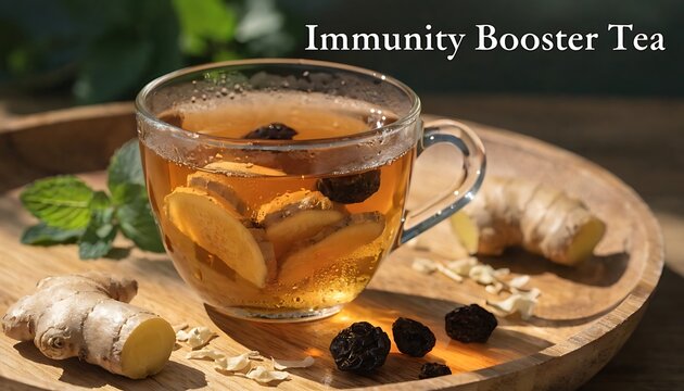 Glass cup of ginger and herbal immunity booster tea on wooden tray with ingredients