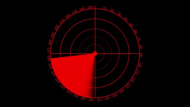 Glowing neon red color radar technology animation on transparent background. Simple Radar Scanning with radio waves. 4k Animation video on Black Background