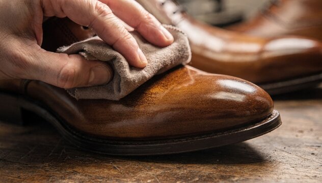 Closeup of artisan hand burnishing leather uppers with dye highlighting the rich subtle patina developing on smooth vamps under natural light.
