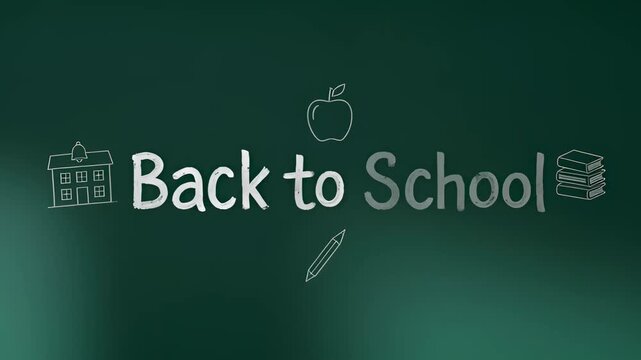 Chalk style back to school title on a dark green blackboard with hand drawn school, apple, pencil, and books icons, ideal for education, classroom, and academic themed visuals.