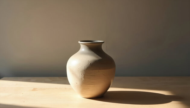 Handmade ceramic vase rests on a light wood table. Natural sunlight casts soft shadows creating a serene ambiance. Simple, elegant home decor object.