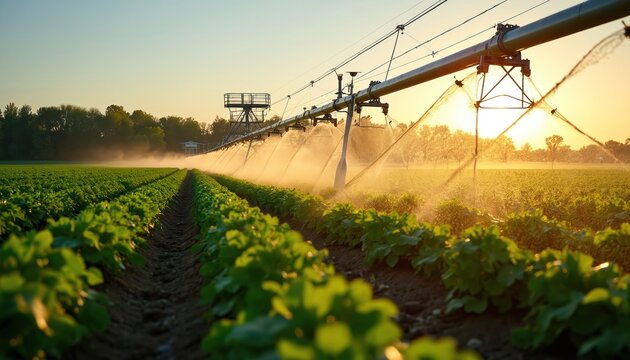 Center pivot irrigation system waters crops in sunlit field at golden hour. Sprinklers spray water droplets on young plants creating mist. Modern farm tech helps grow healthy food efficiently.