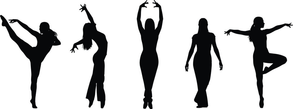 Female dance silhouettes collection, expressive modern dance poses, graceful movement, artistic performance concept, black isolated figures, elegance illustration set, contemporary dancers