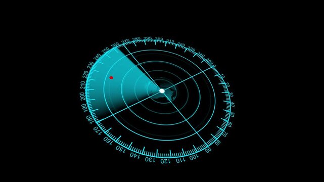 Futuristic radar screen interface with blue digital grid and scanning beam, high-tech sonar display with red blip on dark background, military detection system, 4k Motion graphics on Black Background
