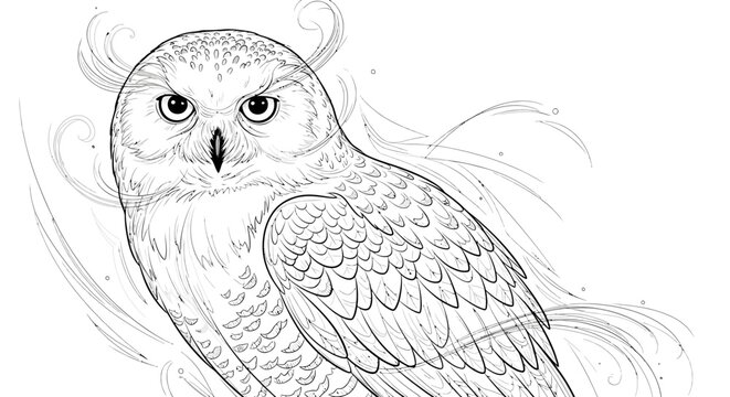 Detailed monochrome illustration of a majestic owl with intricate feather patterns