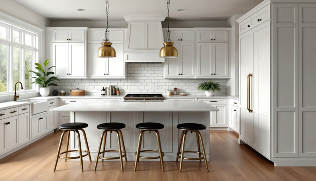Modern white kitchen with island and bar stools. Includes shaker cabinets, subway tile backsplash, gold pendant lights, and stainless steel appliances. Bright room with large window and green plant.