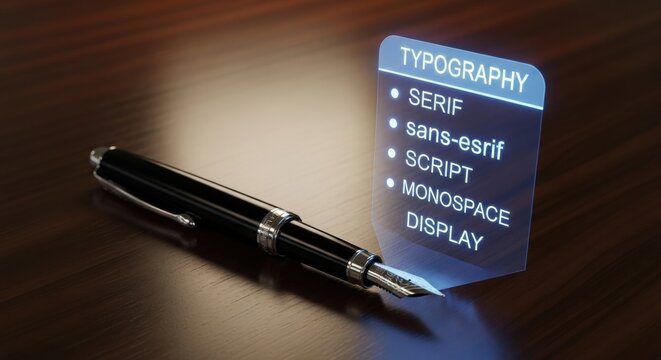 Fountain pen with holographic typography display in dark moody lighting on polished wood surface for design and education.