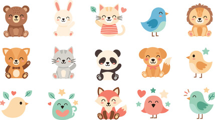 Fototapeta premium Cute cartoon animal characters vector set with bear rabbit cat dog fox panda birds kawaii style isolated on white background