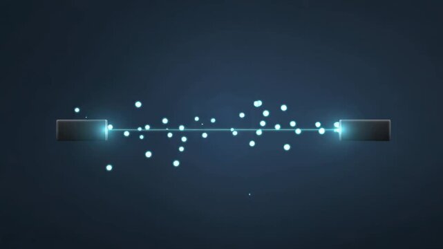 Data transfer between two simple blocks connected by a thin glowing line, with small moving dots and a shield icon appearing to represent secure connection.