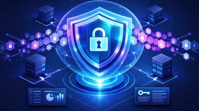 Minimal loop animation featuring a central shield with lock icon softly pulsing in a gentle blue glow, representing cybersecurity, data protection, privacy, and secure digital infrastructure.