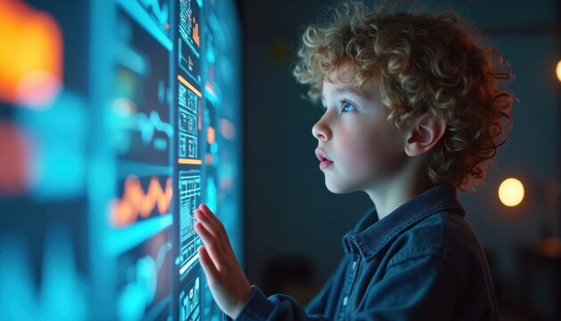 Young boy with curly hair uses interactive touch screen display. He explores digital data on a large glowing interface. Future learning and technology concept.