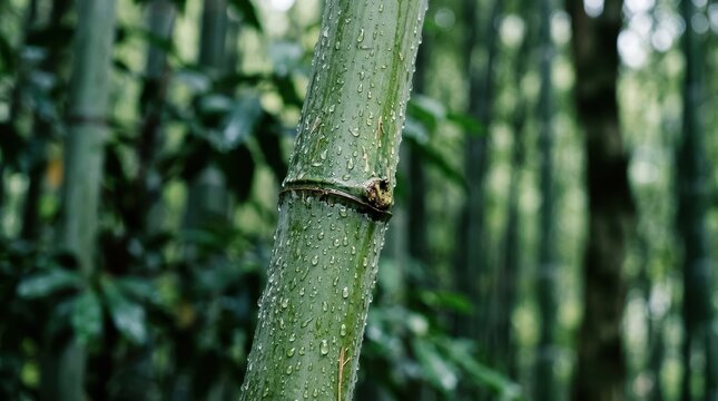Close-Up Of A Bamboo Stalk With Dew Drops Clinging To Its Textured Surface, Creating A Serene And Natural Scene.