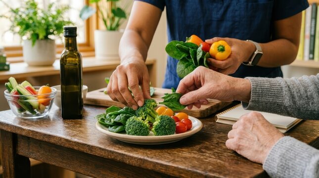 Doctor Nutritionist Consulting Patient About Healthy Eating Habits, Demonstrating Portion Sizes With Fresh Vegetables.