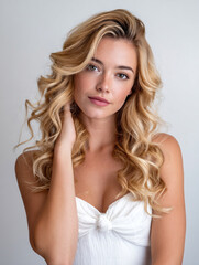 Naklejka premium beautiful blonde fashion model in white dress on white background, elegant young woman studio portrait in white dress, minimalist beauty portrait of blonde model with curly hair