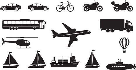 Obraz premium Transportation icons, vehicle silhouettes, travel symbols, 16 black icons