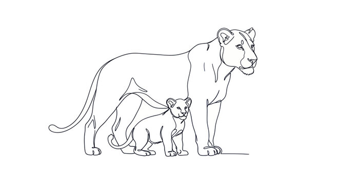 Lioness with Cub, Minimalist Single Line Drawing