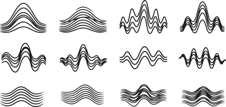 Various waveforms and signal patterns shown in black lines Vector