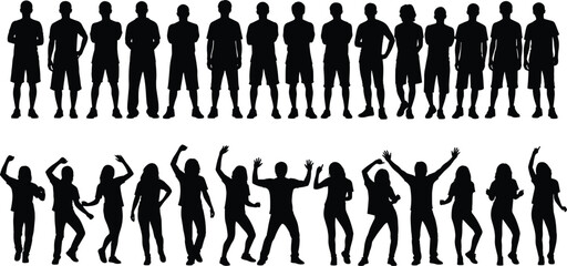 People silhouettes collection, standing and dancing crowd poses set, diverse human figures group, party and casual posture illustration, isolated black silhouette characters bundle
