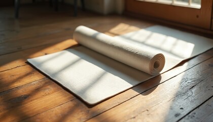 Fototapeta premium Rolled white yoga mat lies on rustic wooden floor in sunlit studio. Natural light casts shadows, creating peaceful atmosphere for practice. Indoor space ready for exercise.