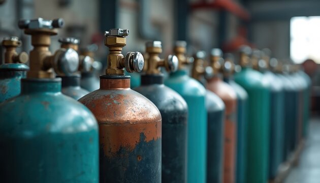 Row of industrial gas cylinders filled with oxygen nitrogen carbon dioxide hydrogen and argon. Metal containers with valves are ready for use in manufacturing or welding.