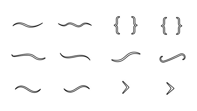 Minimalist Line Art Symbols Set Featuring Curly Brackets Wavy Dividers and Chevron Icons for UI Design