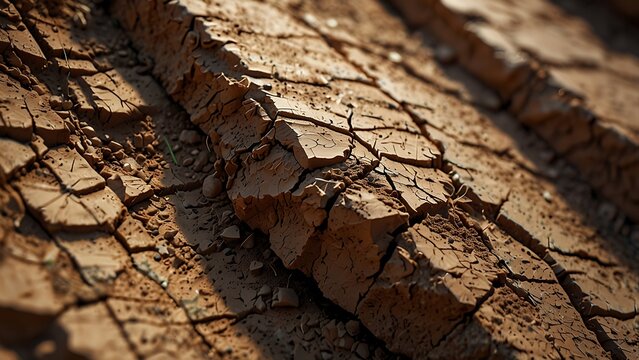 Macro view of dry cracked earth and parched soil under sunlight, representing climate change, global warming, drought, and environmental desertification in a dramatic high-detail close-up shot.