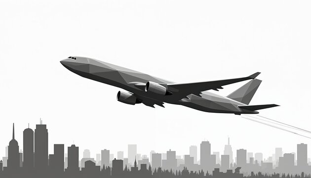 Geometric jumbo jet flies above city skyline silhouette. Aircraft with wings and engines travels over urban landscape. Modern transport design, travel concept.