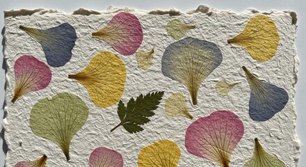 Fototapeta premium A handmade piece of paper with colorful leaves embedded in it