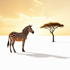 Obraz premium Lone zebra stands on white ground near acacia tree. Golden sunset sky with clouds creates long shadows. Wildlife scene in African savanna landscape. Calm animal observes nature.