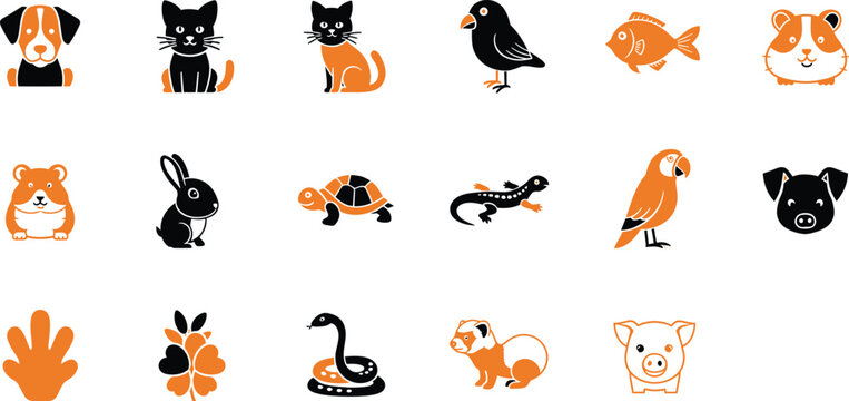 Collection of cute pet animal icons including dogs cats birds fish and reptiles in black and orange