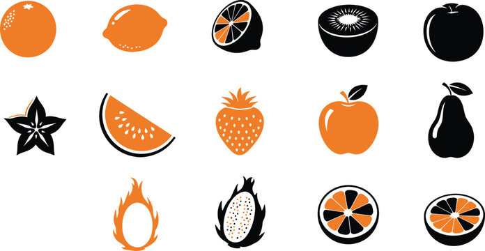 Collection of stylized fruit icons featuring orange and black color schemes on a white background.