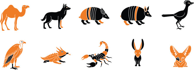 Stylized desert wildlife icons featuring a camel wolf armadillo roadrunner vulture and fennec fox © Milon Store